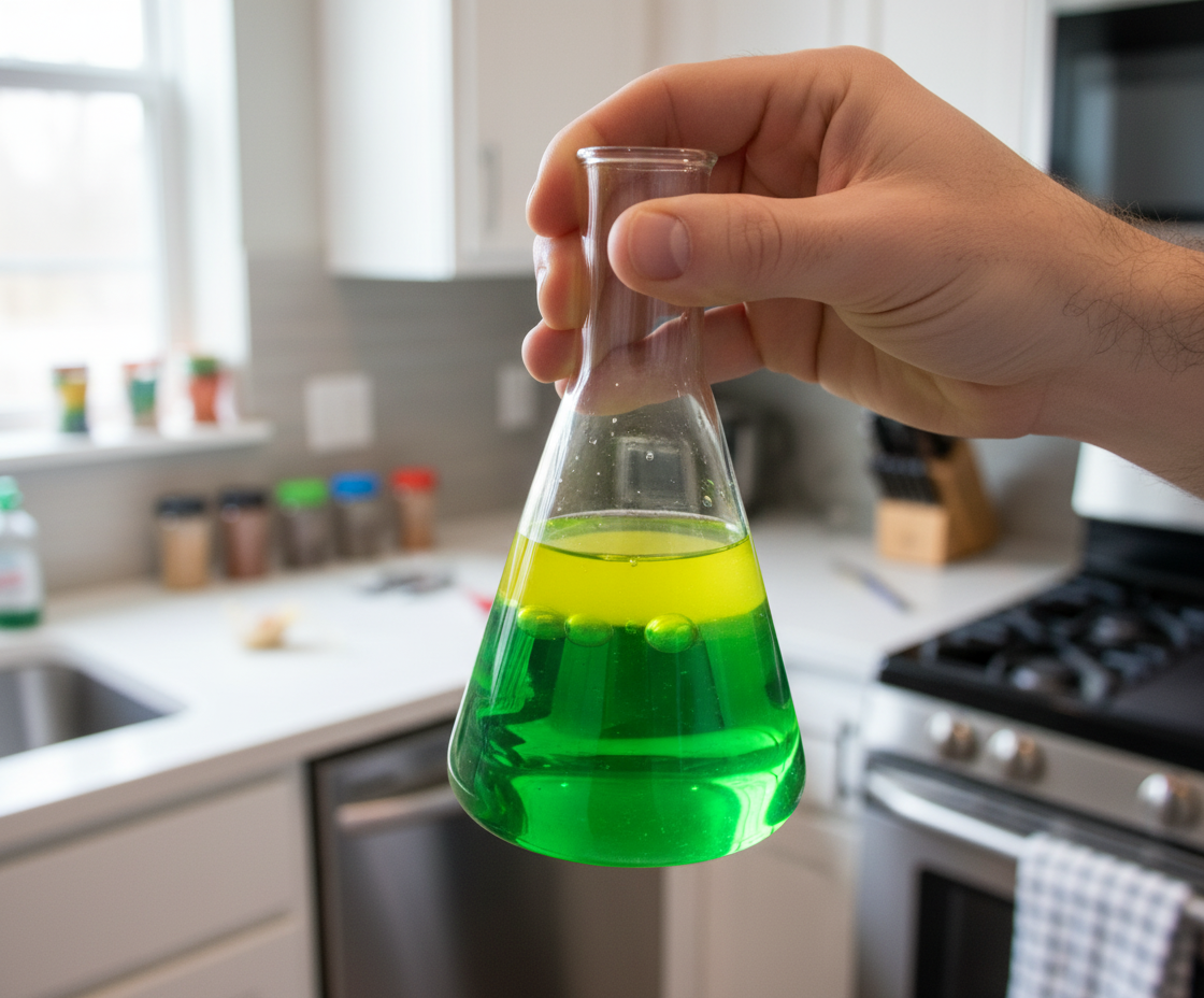 Density Bottle with Oil & Water held in hand