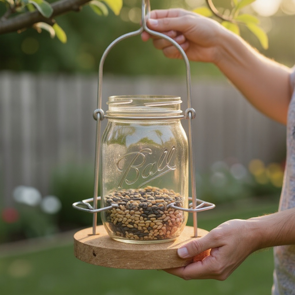 Step 7: Fill the mason jar with birdseed, leaving about an inch of space at the top.