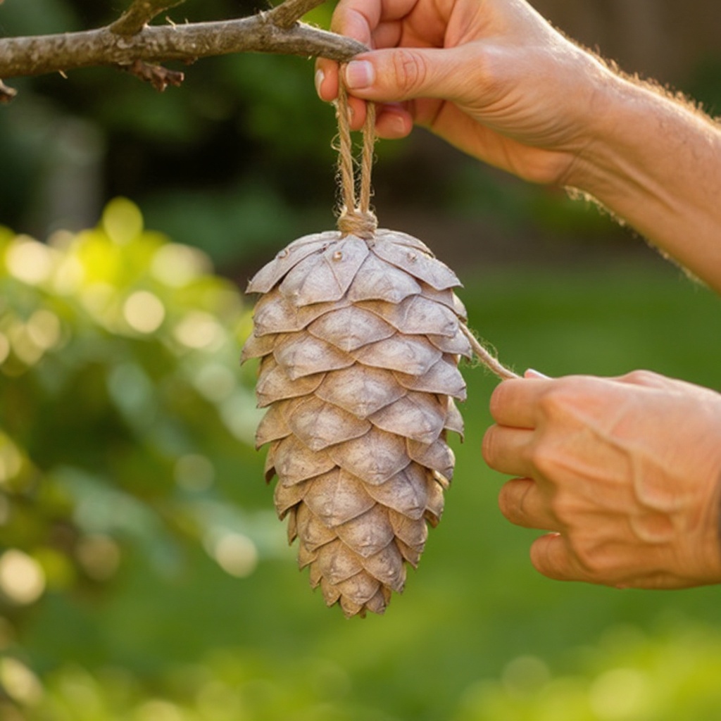Step 1: Tie one end of the twine securely around the top of the pinecone, creating a loo