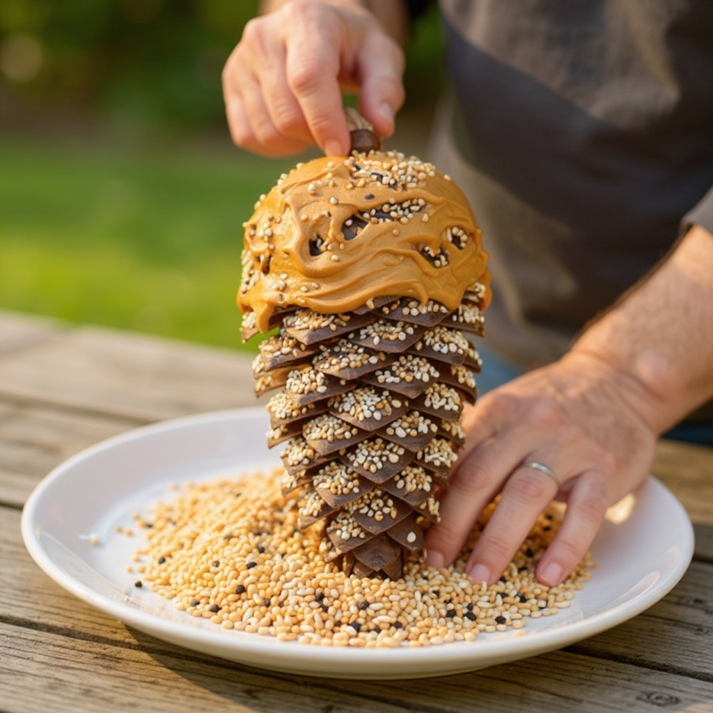 Step 4: Roll the peanut butter-covered pinecone in the birdseed, pressing gently to ensu