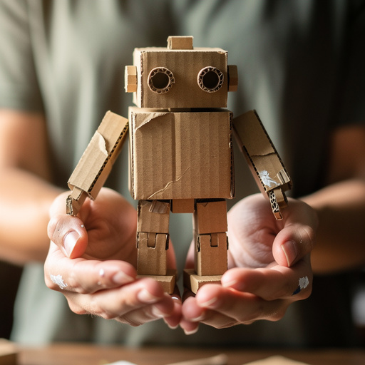 Recycled Cardboard Robot Sculptures held in hand