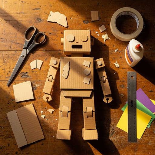 Multiple Recycled Cardboard Robot Sculptures crafts from above