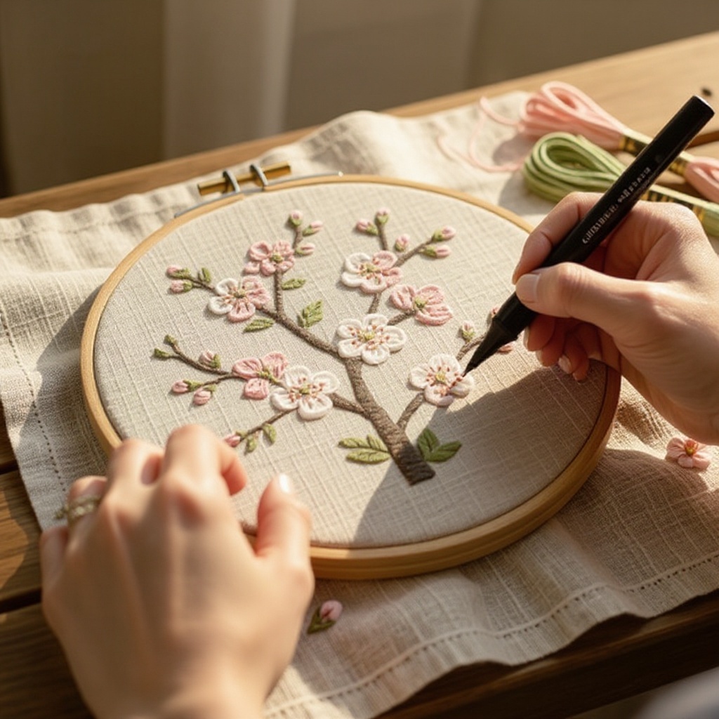 Step 3: Using your fabric marker or pencil, lightly sketch a simple, elegant branch desi