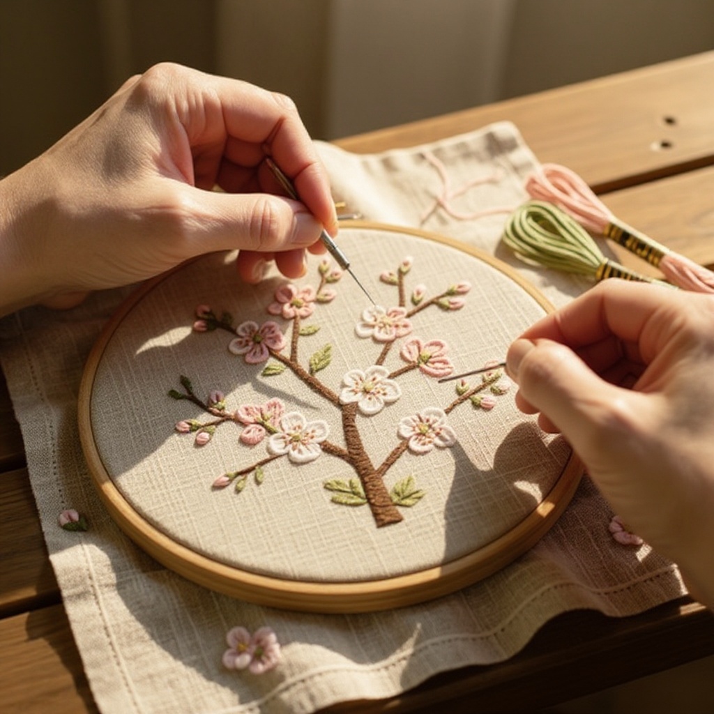 Step 5: Begin embroidering the main branch line using a backstitch or stem stitch. Follo