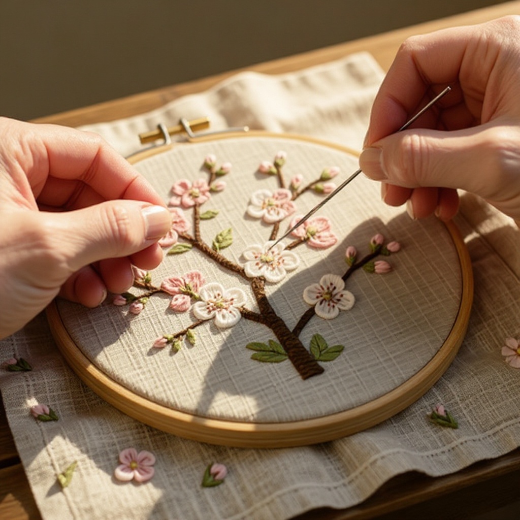 Step 7: Using small French knots or colonial knots, begin creating tiny white blossom bu