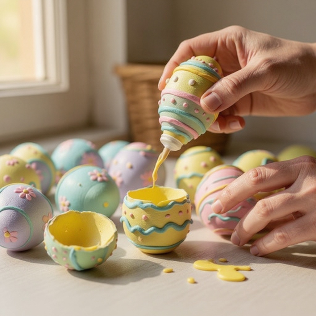 Step 5: Continue layering designs with different colors of puffy paint onto the same egg