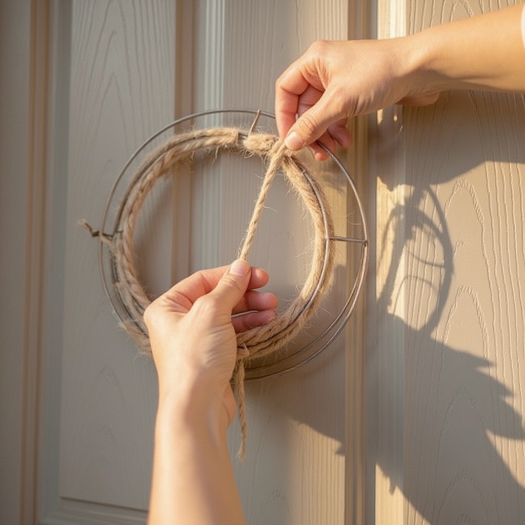 Step 1: Begin by securing the end of your first yarn color to the wire wreath form with 