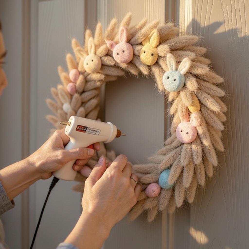 Step 8: Secure each felt bunny face to the yarn-covered wreath form using a small dab of