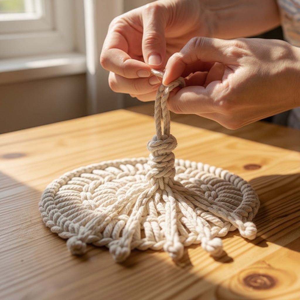 Step 4: About 1 inch down from the looped ends, tie a simple overhand knot using all fou