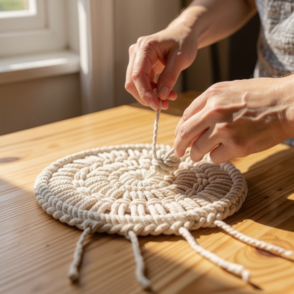 Step 8: Now, take one cord from the left pair and one cord from the right pair and tie t