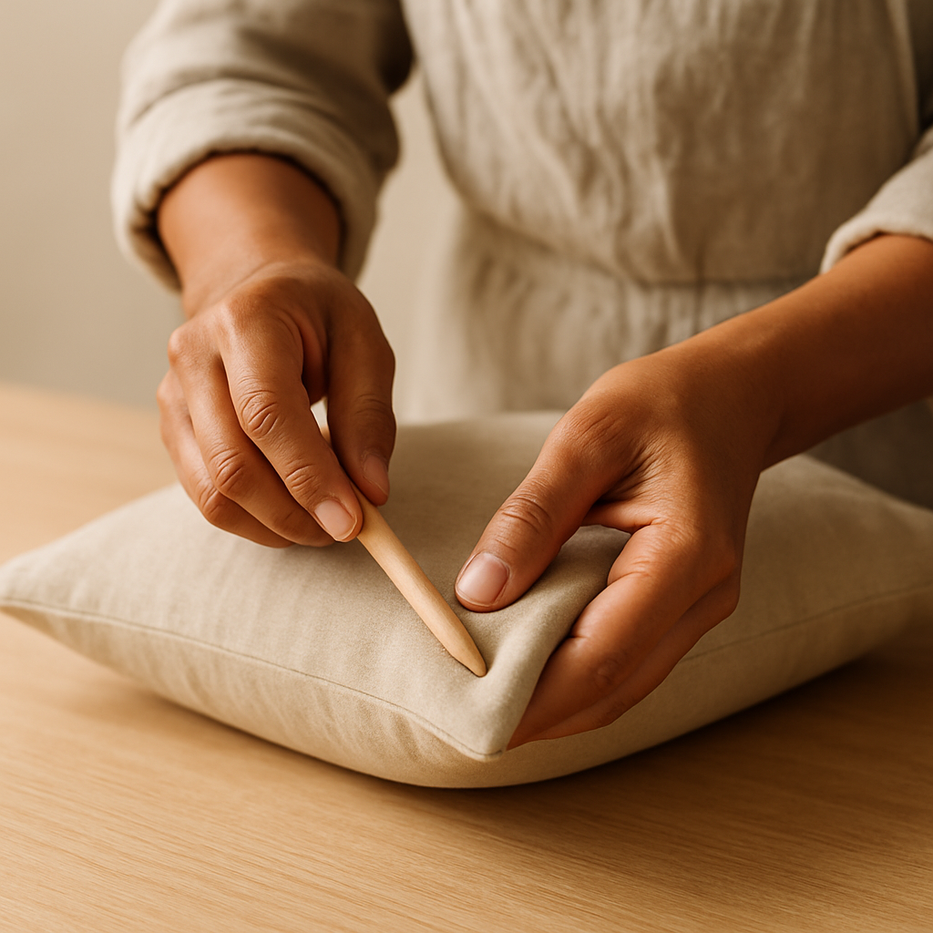 Step 13: **Turn Right Side Out & Poke Corners:** Carefully turn your pillow cover right s