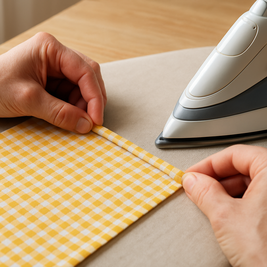 Step 3: **Prepare the Short Edges (First Hem Fold):** Take one of the 19-inch (48 cm) sh