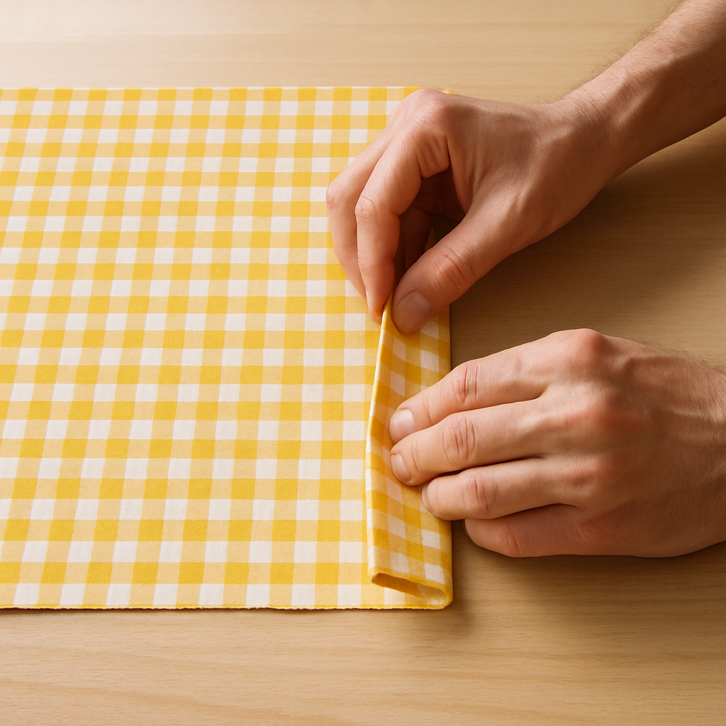 Step 8: **Fold for the First Back Panel:** Take one of the hemmed short edges and fold i