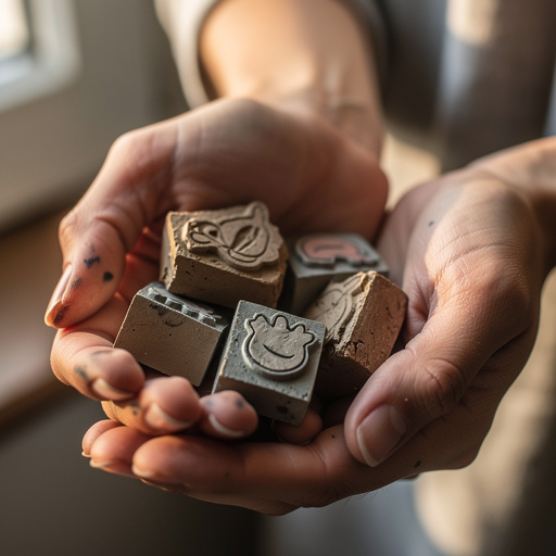 Hand-Carved Rubber Stamps held in hand