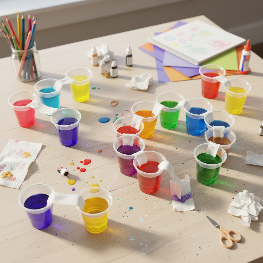 Multiple DIY Rainbow Walking Water Experiment crafts from above