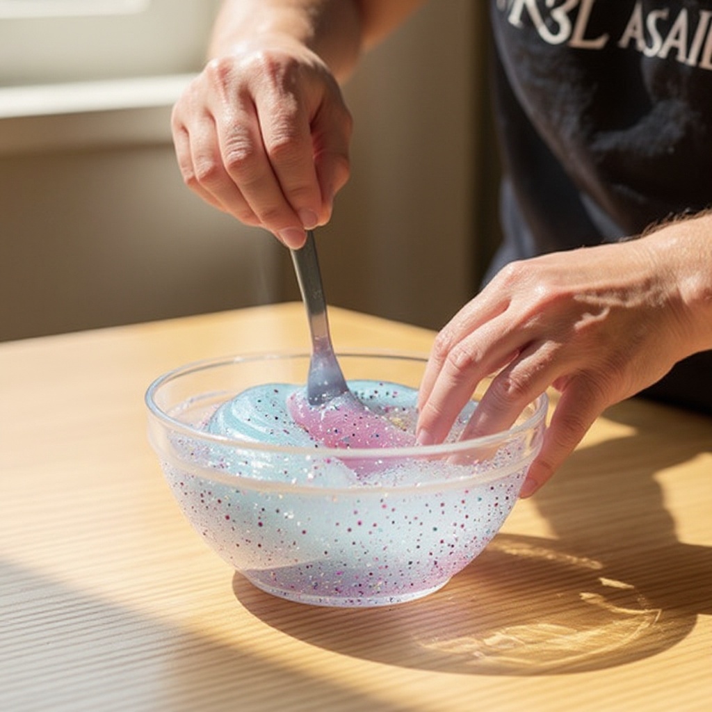 Step 4: Add the 1/4 cup of fine glitter to the glue mixture and stir until the glitter i