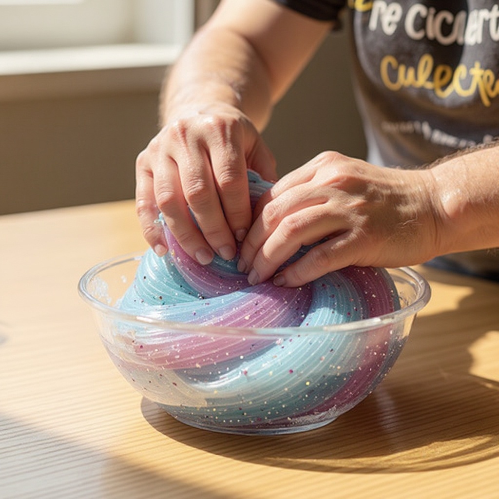 Step 8: Once the slime is no longer sticking to your hands, knead it with your hands for