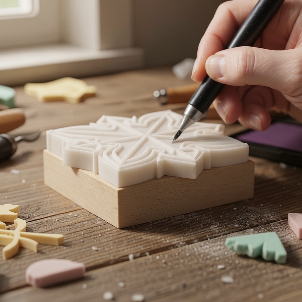 Step 3: Carefully begin carving away the rubber around your pencil lines. Use your carvi