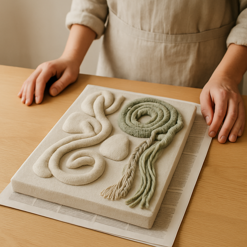 Sculptural fabric wall art with abstract beige and green shapes rests flat on newspaper on a light wood table. A person's hands are visible.