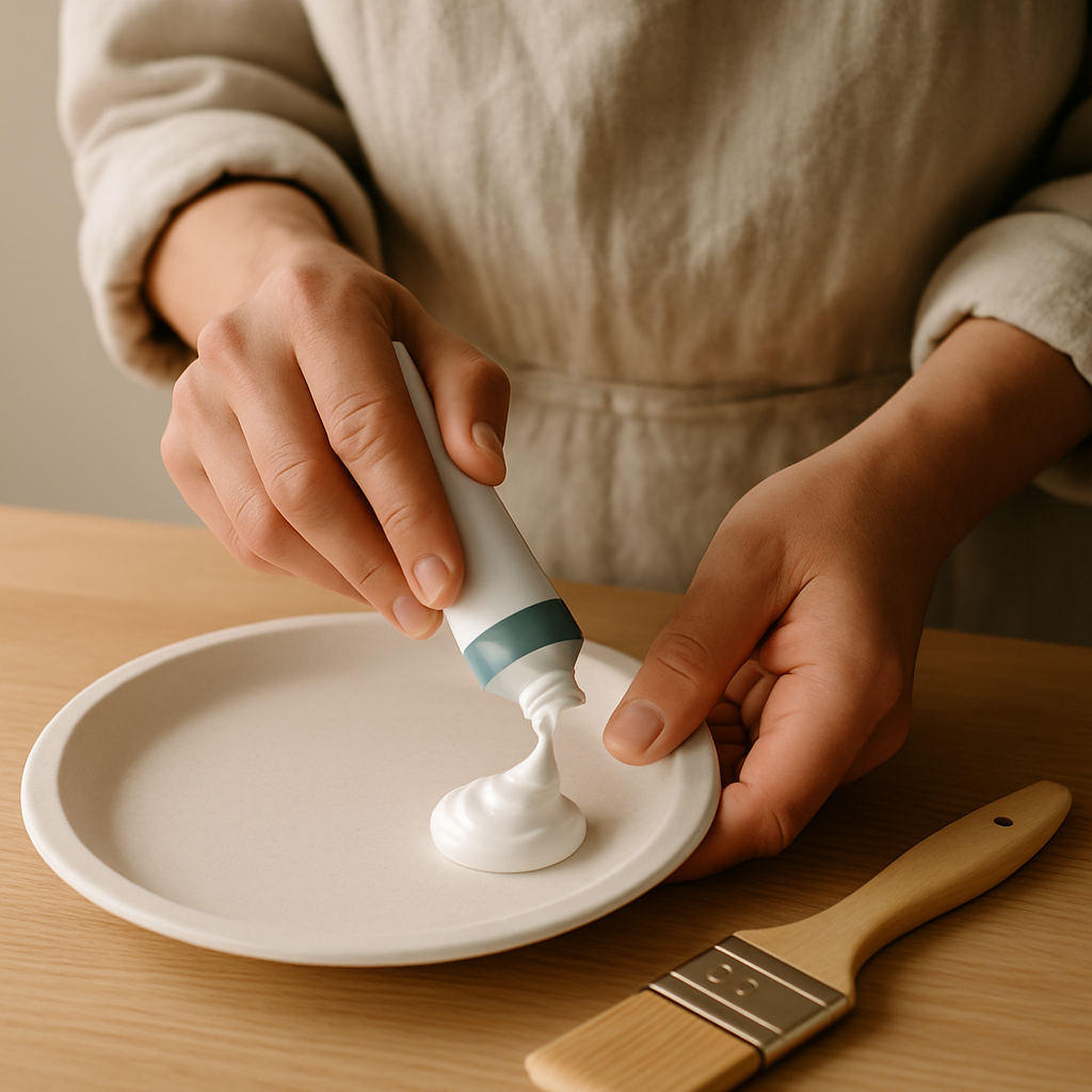 Hands squeeze white acrylic paint onto a paper plate palette for Sculptural Fabric Wall Art. A flat paintbrush rests on a pale wood table.