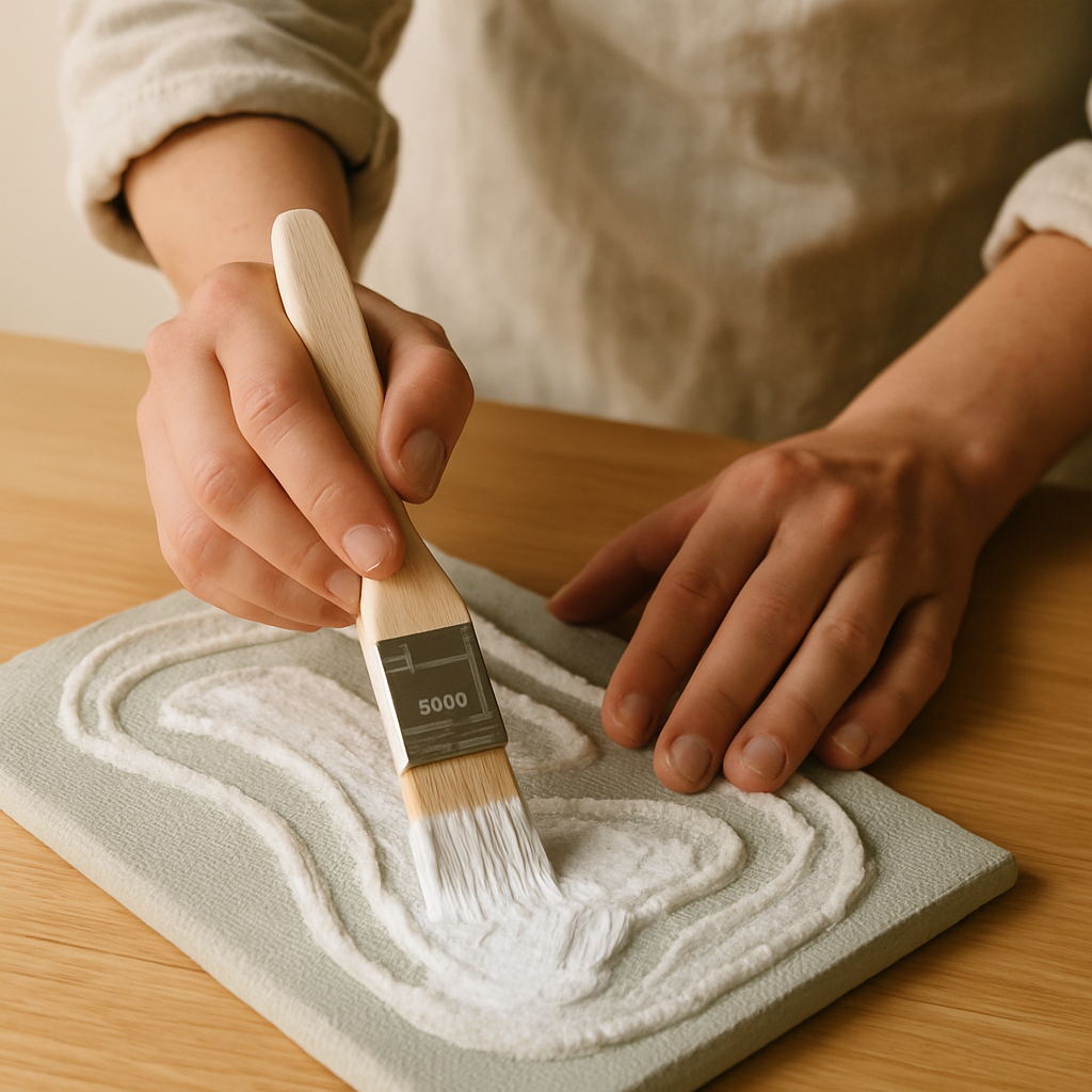 Hands apply thick white paint with a 2.5cm flat brush onto textured Sculptural Fabric Wall Art on a pale oak table.