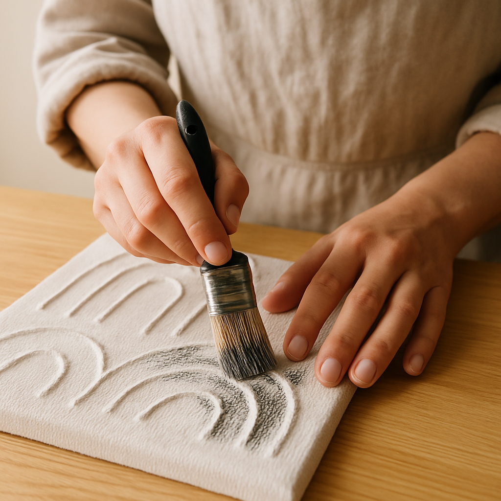 Adult hands dry-brushing black acrylic paint onto raised white sculptural fabric wall art, highlighting textures on a pale wooden table.