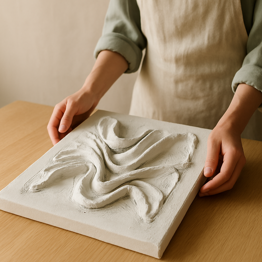 A person in an apron holds a white sculptural fabric wall art piece with wavy textures, inspecting it on a pale oak table.