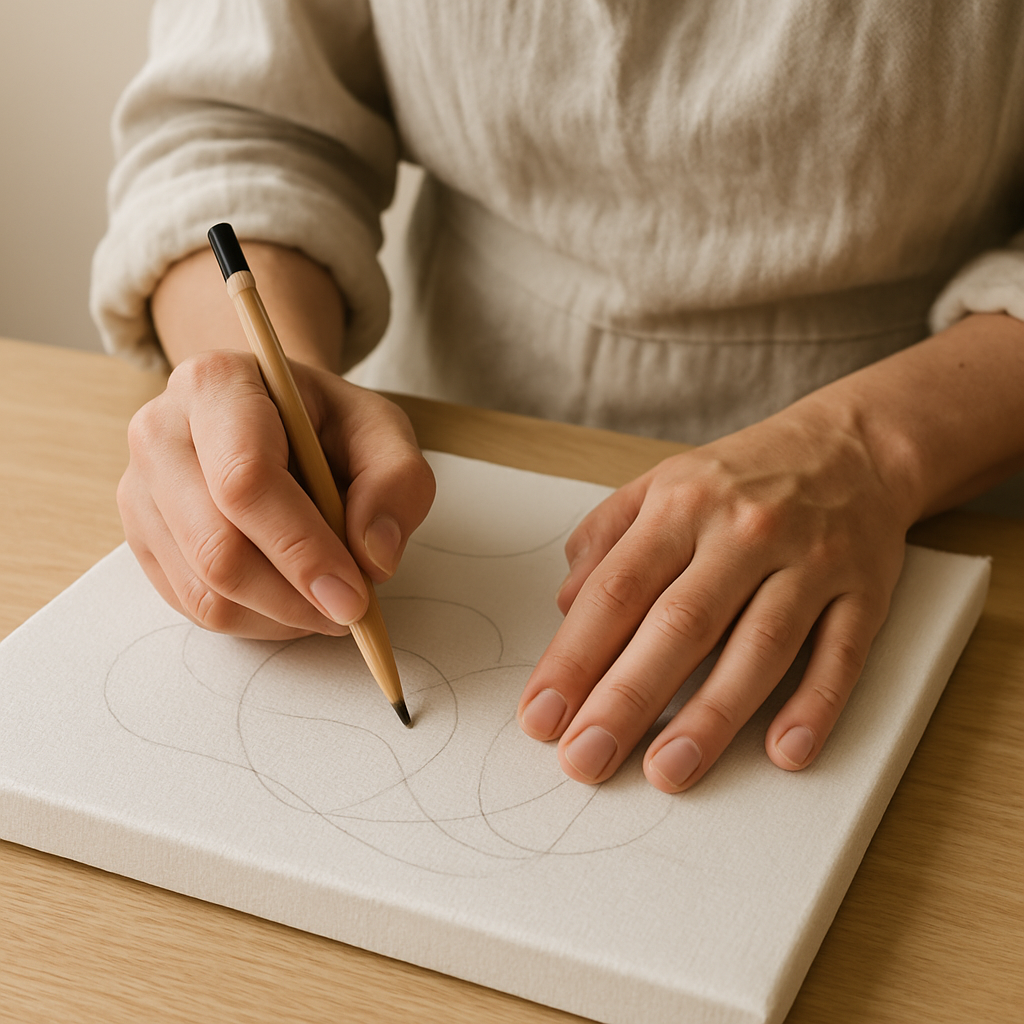 Adult hands lightly sketch abstract curves with a natural wood pencil onto a white canvas, resting on a pale oak table, for Sculptural Fabric Wall Art.