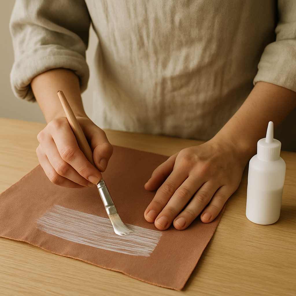 Adult hands brush white craft glue onto a muted clay fabric piece on a pale oak table for Sculptural Fabric Wall Art.