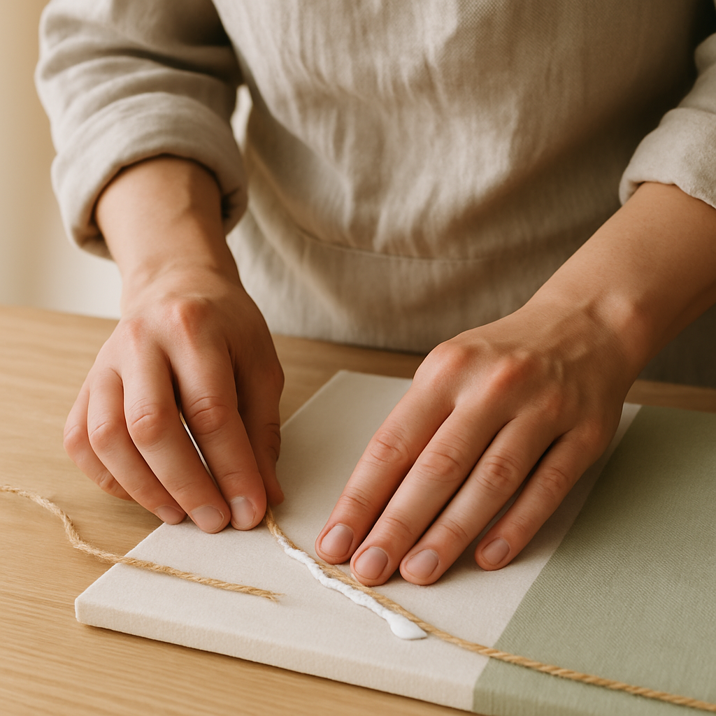 Hands press jute twine into a thin line of white glue on a canvas for Sculptural Fabric Wall Art. Canvas has white and green fabric.