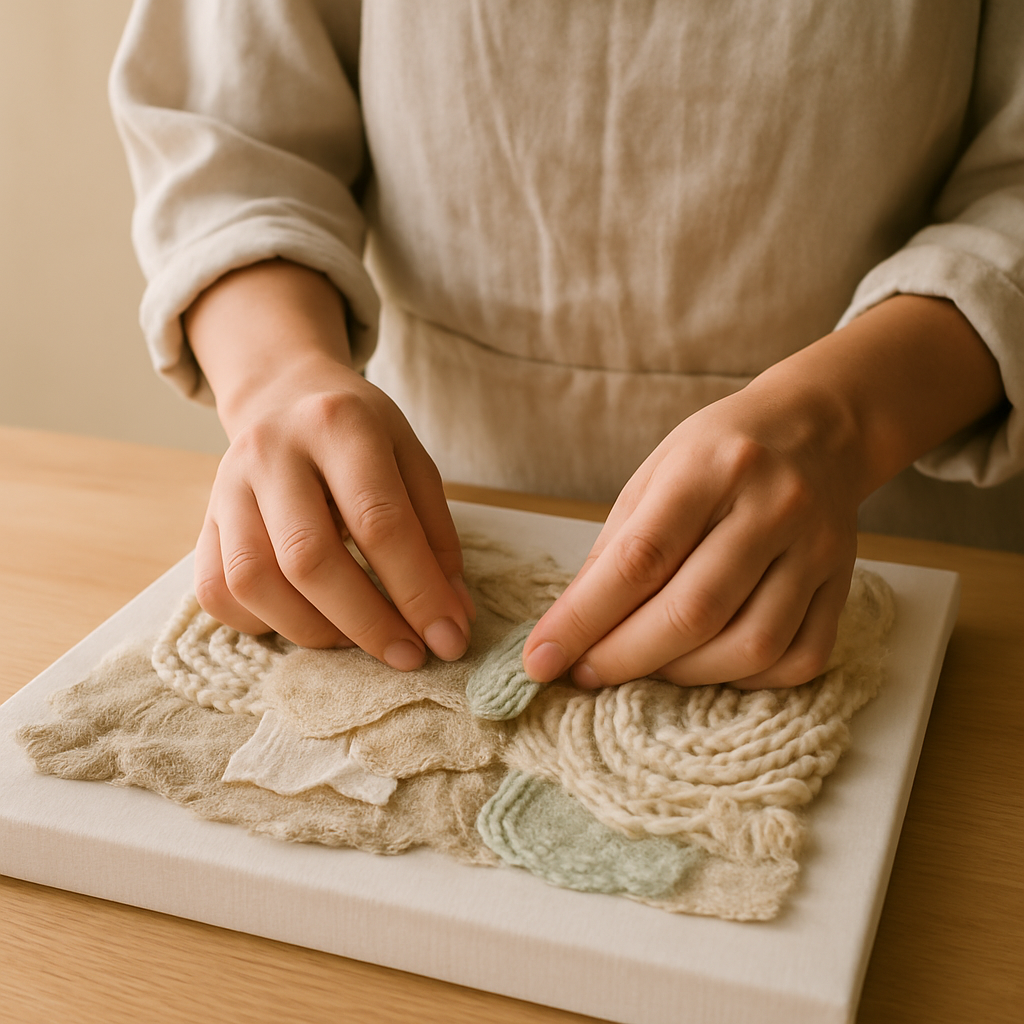 Hands add a small green fabric piece to a Sculptural Fabric Wall Art canvas, building layers of textured fabric and yarn on a wood table.