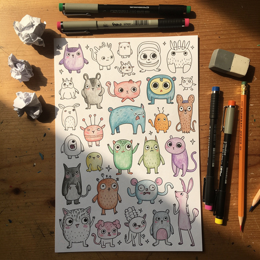 Multiple Whimsical Creature Doodles crafts from above