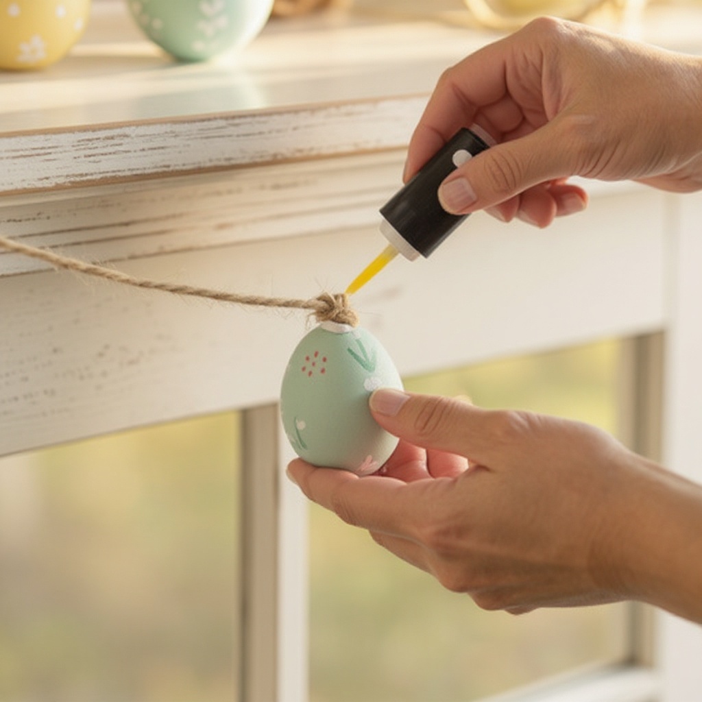 Step 10: Apply a small but generous dab of hot glue to the top of the first egg, near the