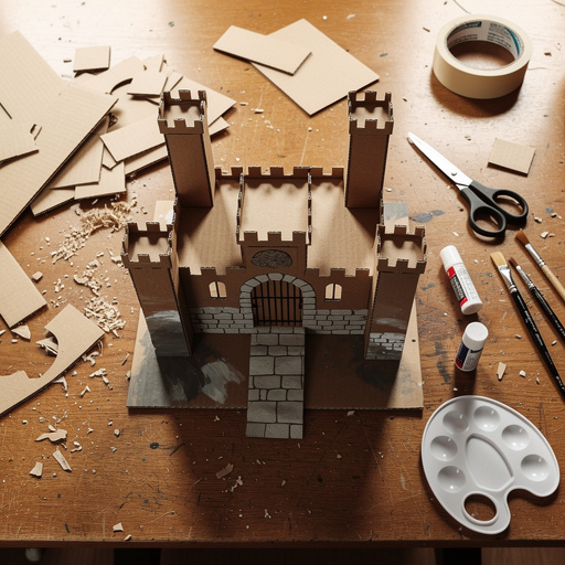 Multiple Cardboard Castle Diorama crafts from above