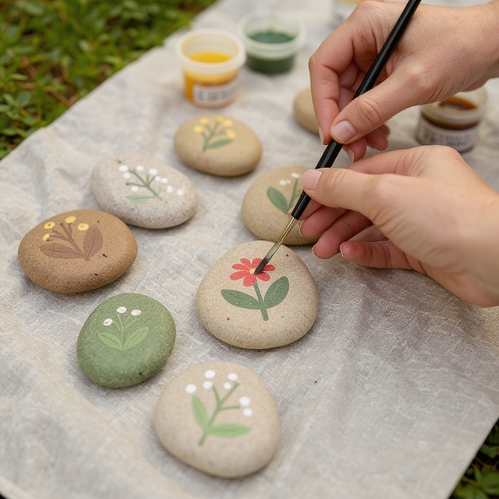 Step 4: Using your paintbrushes, apply your chosen acrylic paint colors to the rock. You