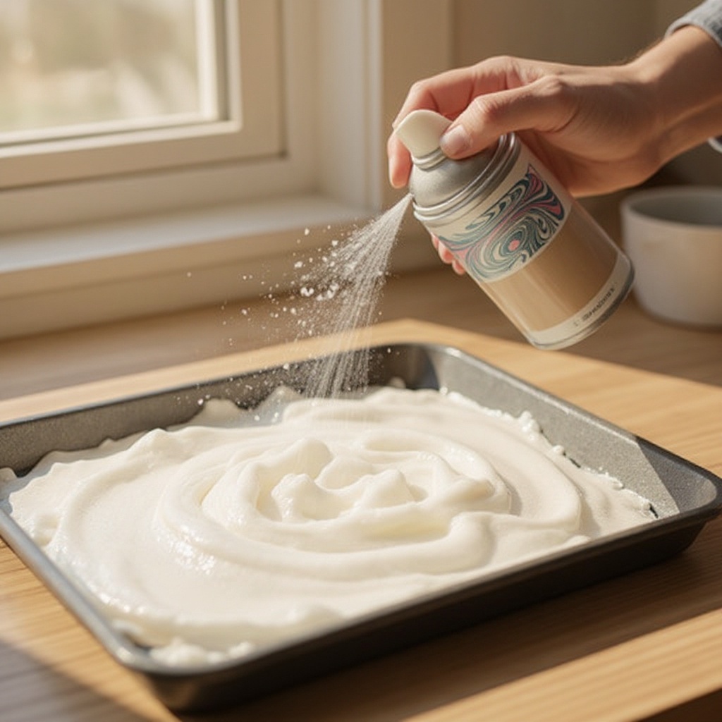 Step 1: Generously spray white shaving cream into the shallow tray, filling it about 1-2
