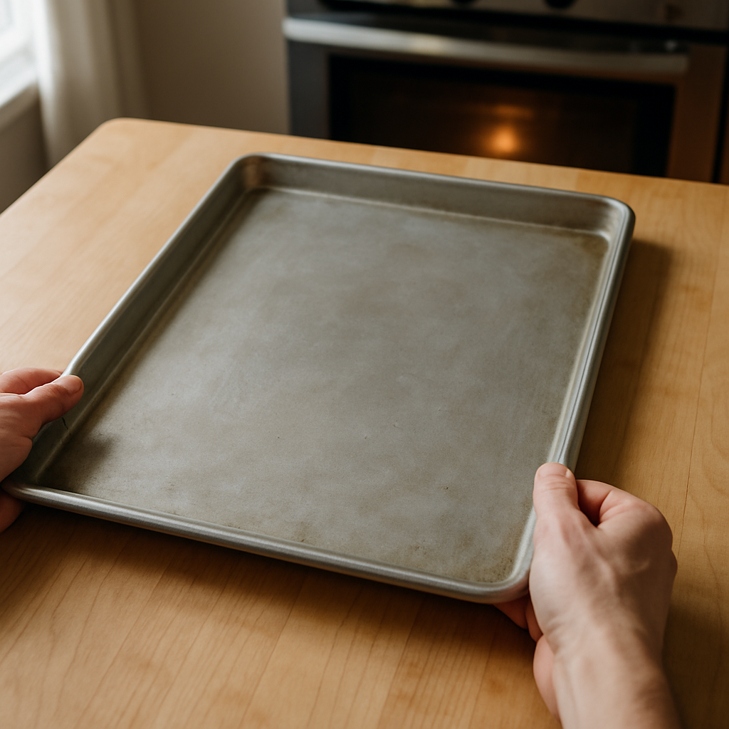 Adult hands place a clean, rimmed baking sheet on a light wood table for a Sheet Pan Sausage Supper. An oven preheats in the background.