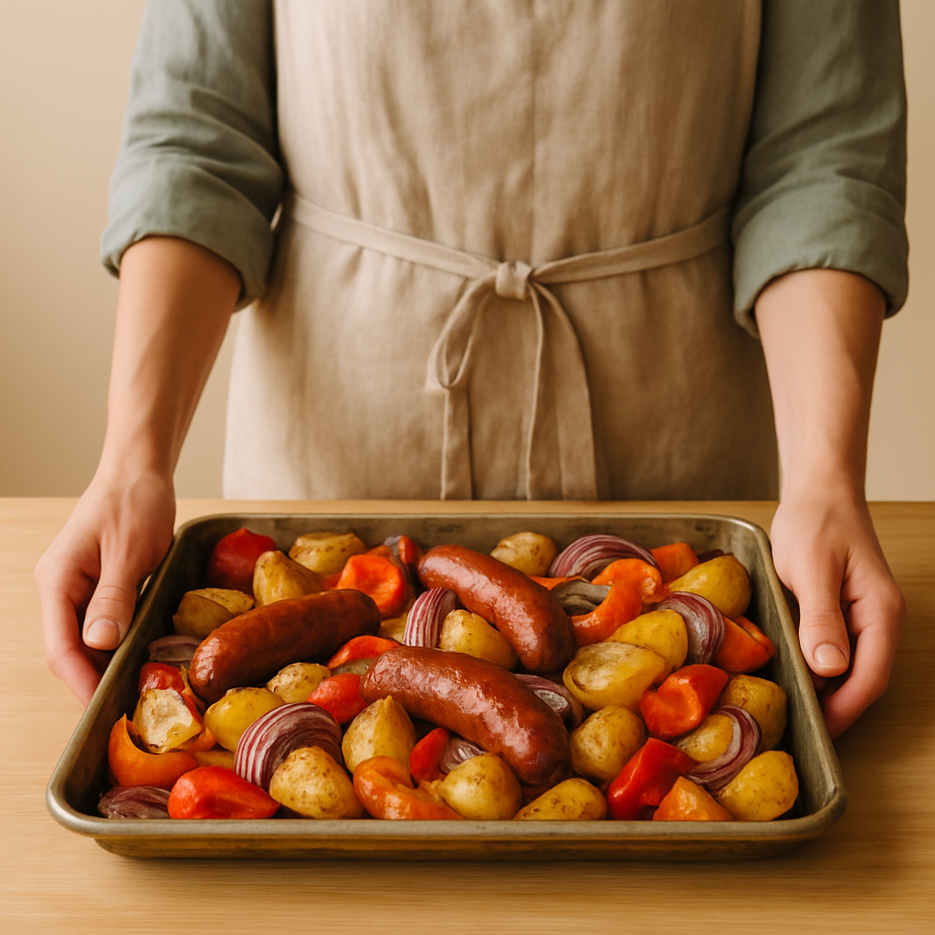 Hands hold a sheet pan of roasted Sheet Pan Sausage Supper with caramelized sausages, potatoes, red peppers, and onions.