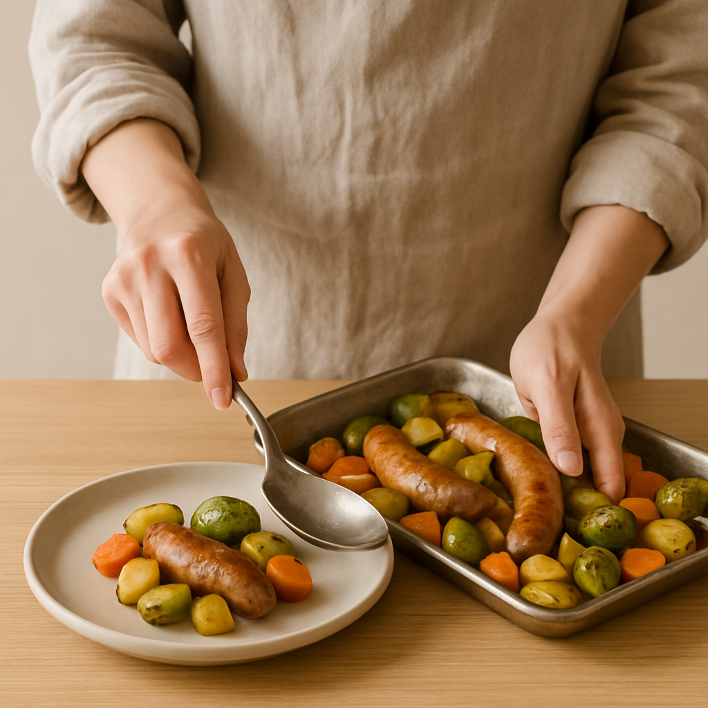 Hands in an oatmeal apron serve Sheet Pan Sausage Supper (sausages, potatoes, carrots, brussels sprouts) from a baking sheet onto a plate on a wood table.