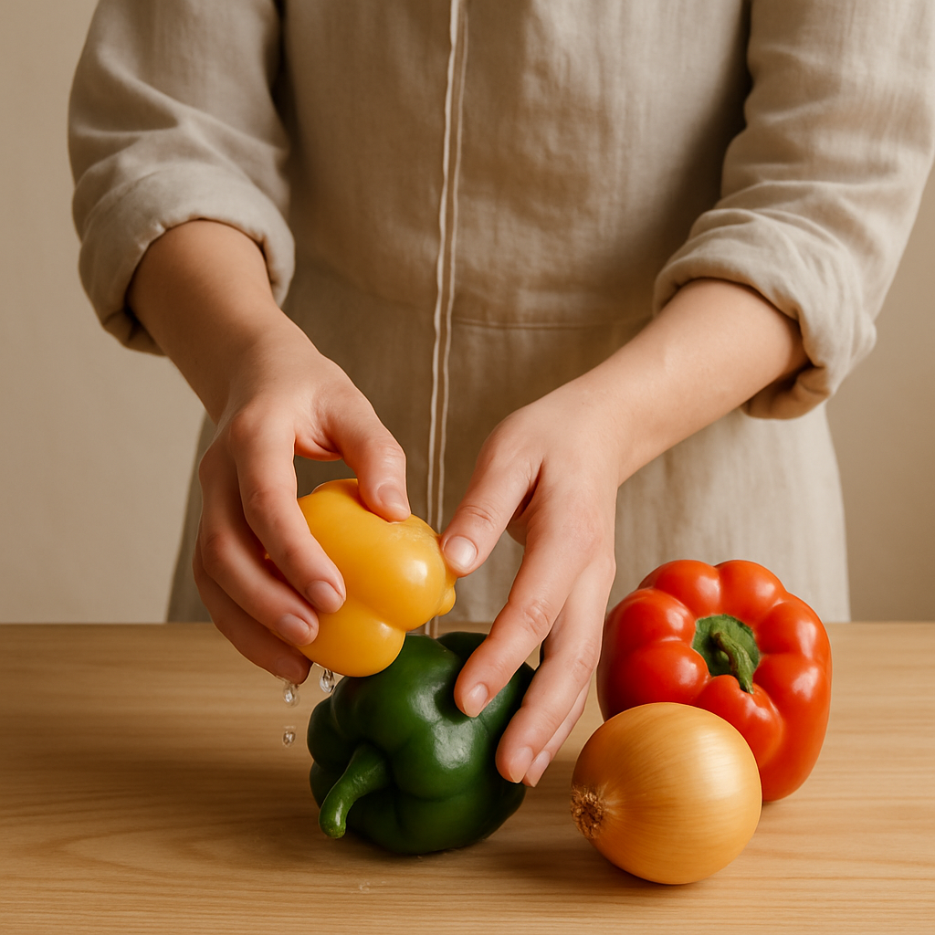 Hands in a linen apron hold a wet yellow bell pepper, water dripping onto a green pepper. Red pepper and onion rest on a wood table for Sheet Pan Sausage Supper.