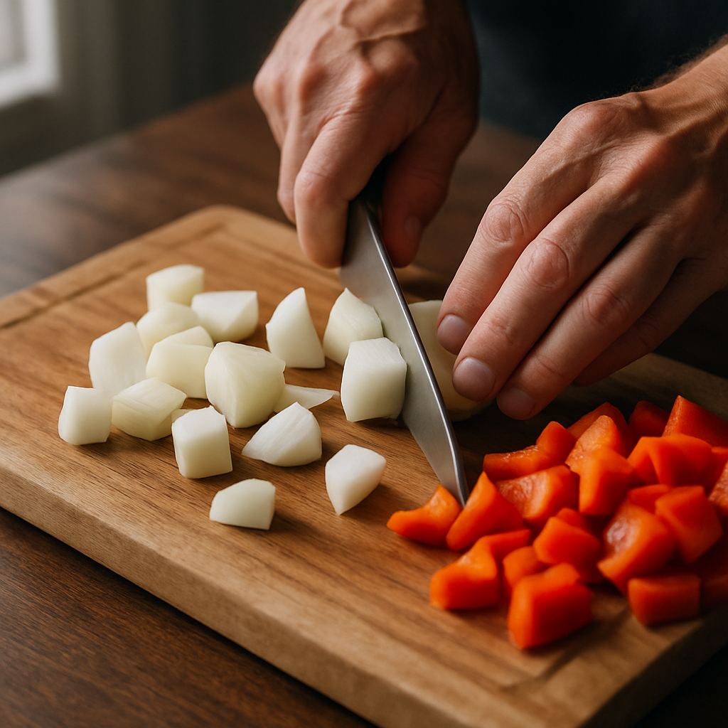 Adult hands cut a white onion into 1-inch pieces on a wooden board. Red bell pepper pieces are beside it for a Sheet Pan Sausage Supper.