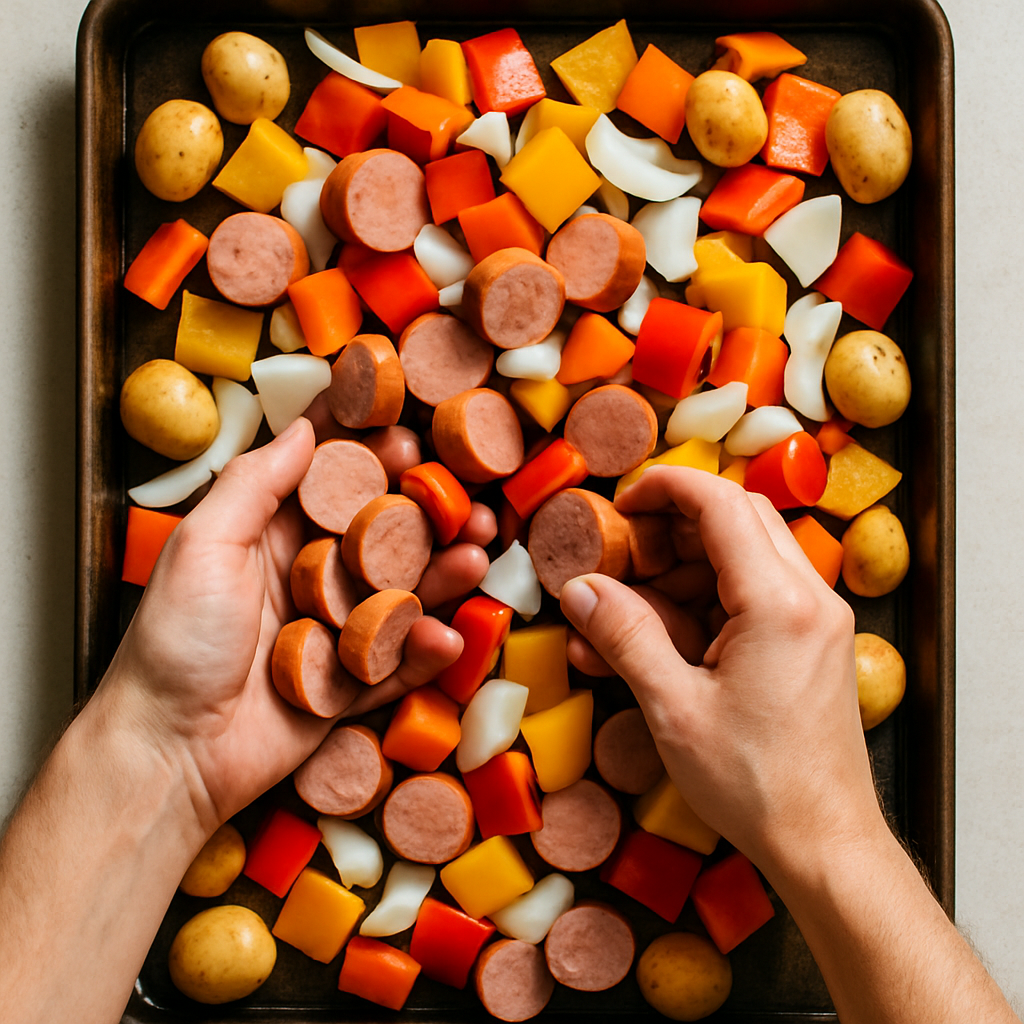 Hands add sliced kielbasa to a sheet pan with chopped bell peppers, onions, and baby potatoes, spreading ingredients for a Sheet Pan Sausage Supper.