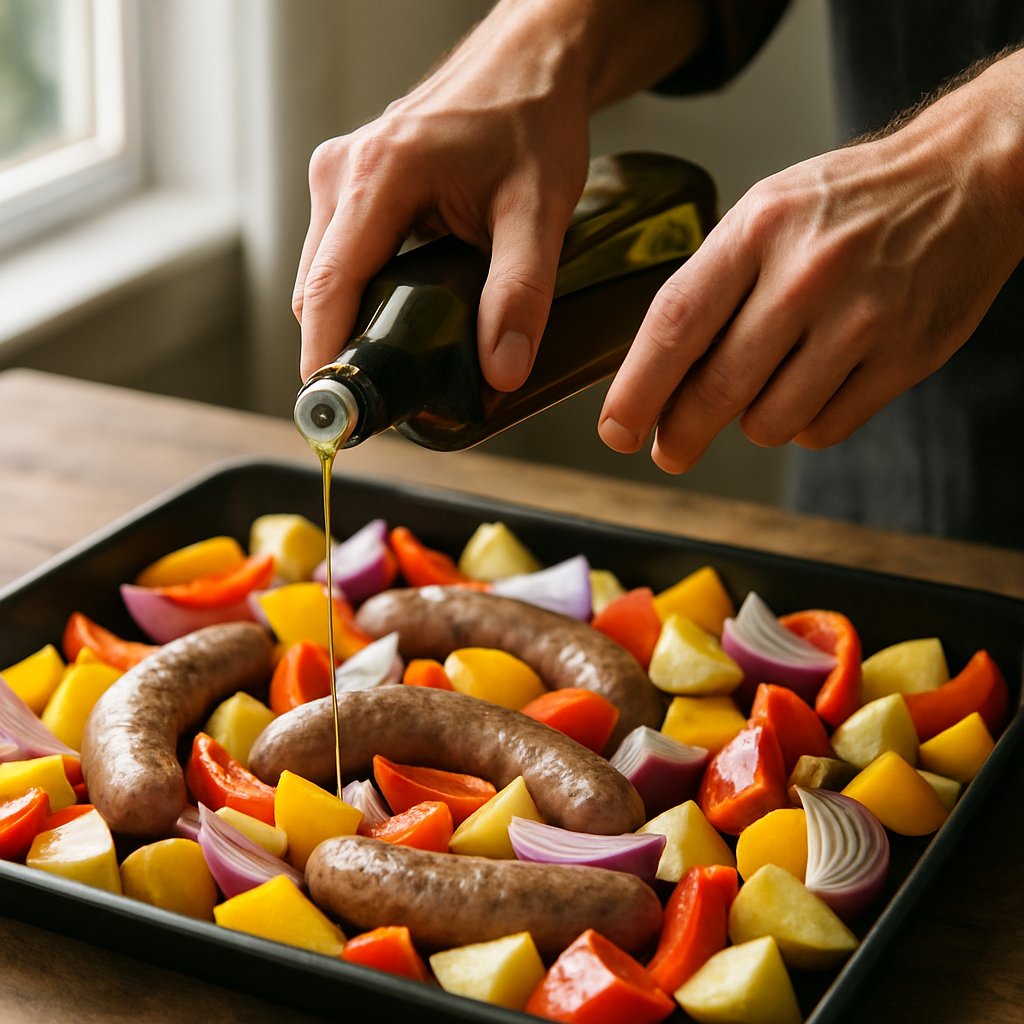Adult hands drizzle olive oil from a dark bottle over raw sausage, peppers, onions, and potatoes on a baking sheet for a Sheet Pan Sausage Supper.