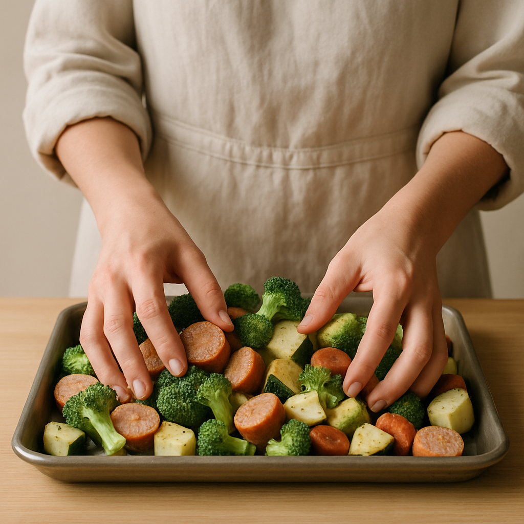 Hands in an apron toss sliced sausage, broccoli, and cubed vegetables on a sheet pan for a Sheet Pan Sausage Supper.