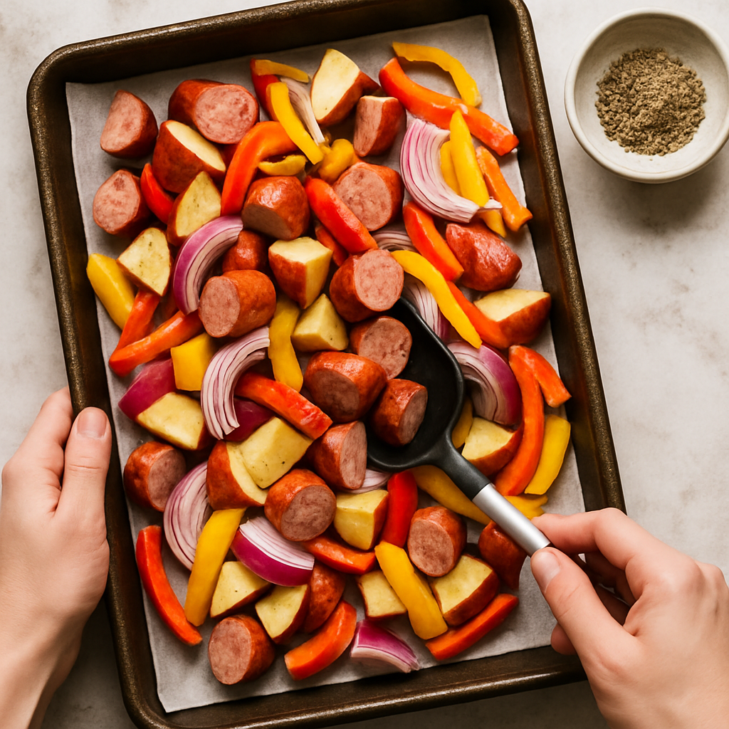 Adult hands gently toss sliced sausage, potatoes, red onion, and bell peppers on a parchment-lined sheet pan for a Sheet Pan Sausage Supper. A small bowl of seasoning sits nearby.