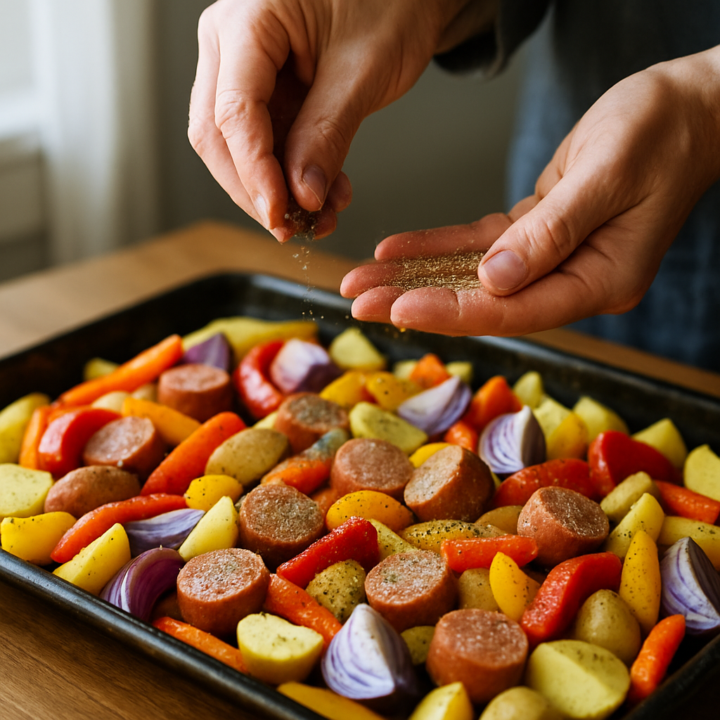 Adult hands sprinkle Italian seasoning blend over sliced sausage, potatoes, carrots, and red onions on a sheet pan for a Sheet Pan Sausage Supper.