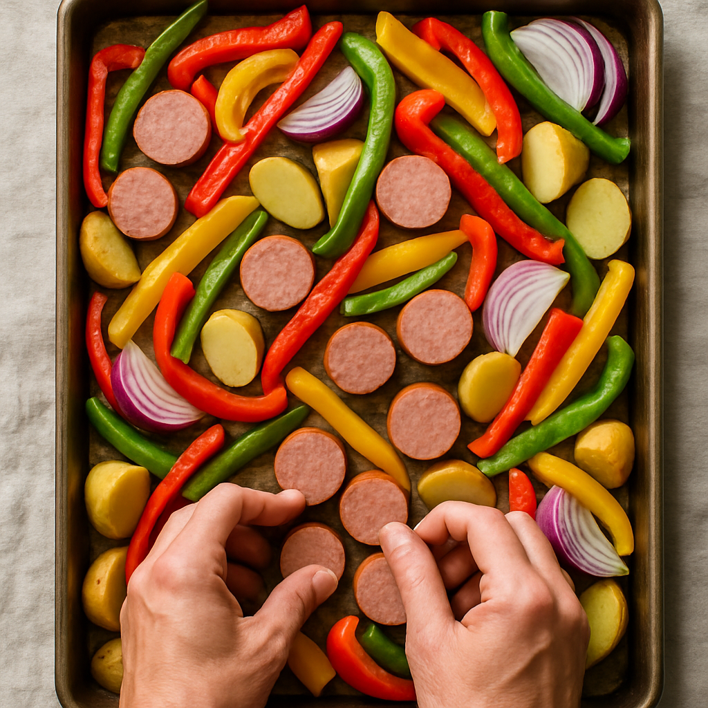 Hands spread sliced sausage, potatoes, colorful peppers, and red onion evenly on a baking sheet for a Sheet Pan Sausage Supper.