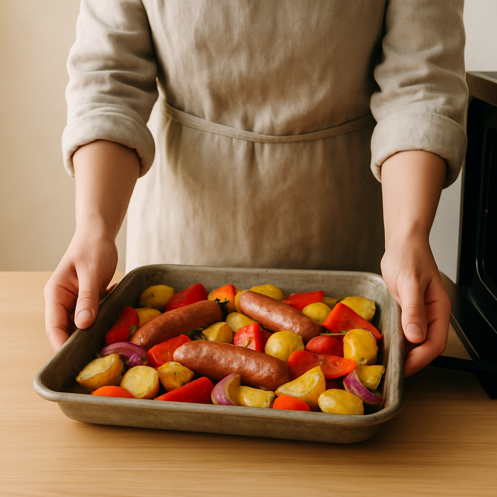 Adult hands in an apron remove a sheet pan of partially roasted sausage, bell peppers, onion, and potatoes from an oven.