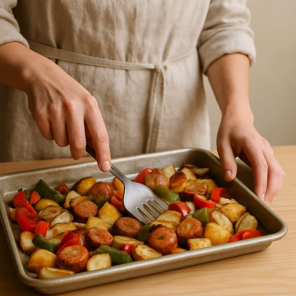 Adult hands in a linen apron use a fork to stir and flip roasted sliced sausage, potatoes, and bell peppers on a sheet pan.