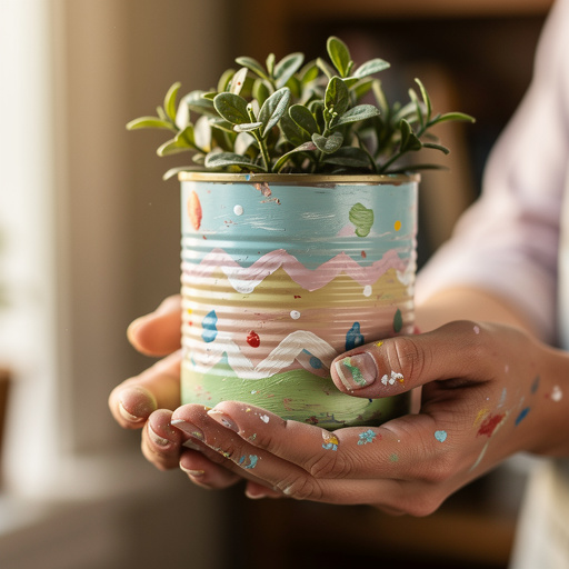 Painted Tin Can Planters held in hand